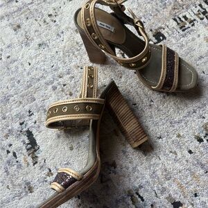 Y2K MIU MIU Double Buckle, Leather & Glitter, Olive Canvas Heels